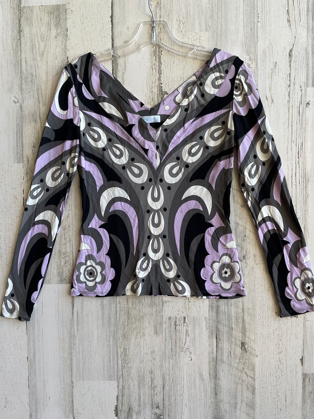 Emilio Pucci Lavender, Gray & Black V-Neck Long Sleeve Top SZ 6 Italian Made